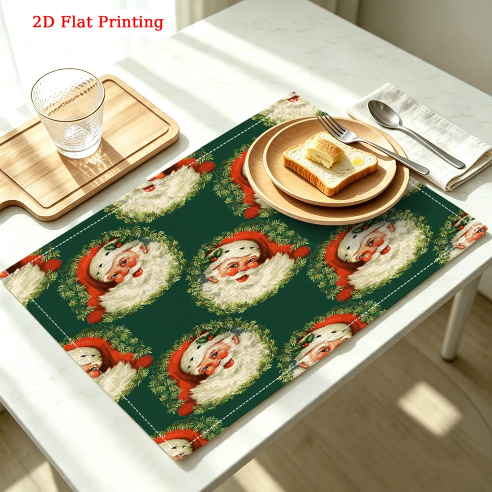 1pc Vintage Christmas Green Santa Claus Print Placemat Dining Kitchen Home Decor Protection 30x40cm