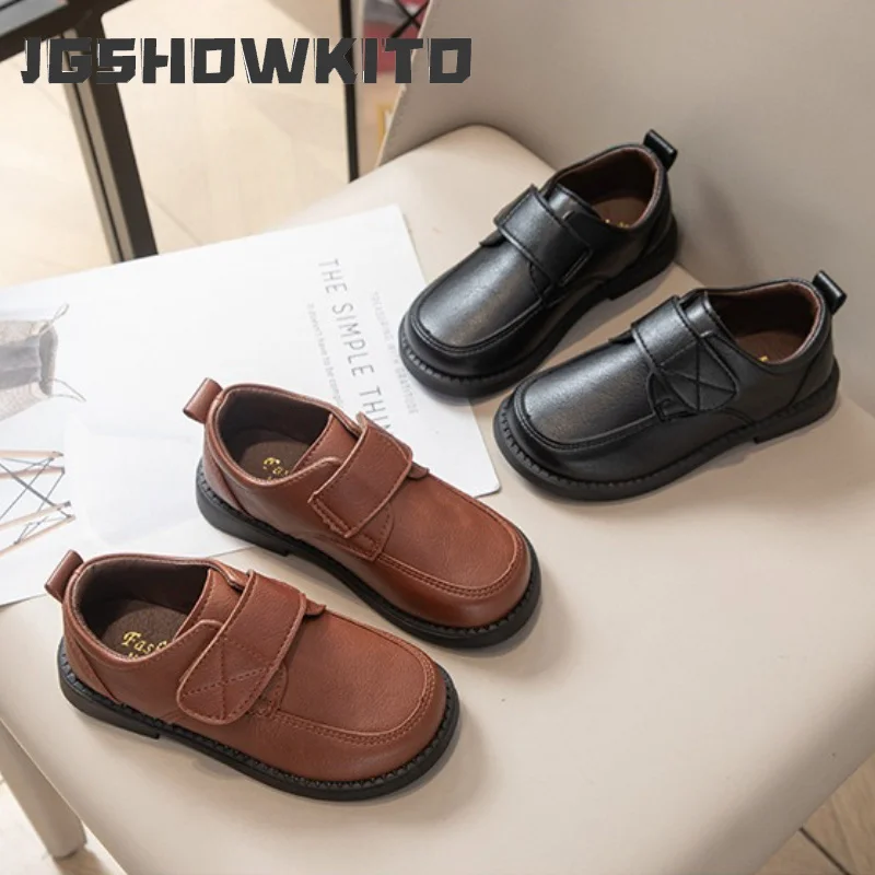 JGSHOWKITO Boys Uniform Flat Shoes Simple Black Brown Children Leather Shoes Fashion Causal Performance Kids School Formal Shoes