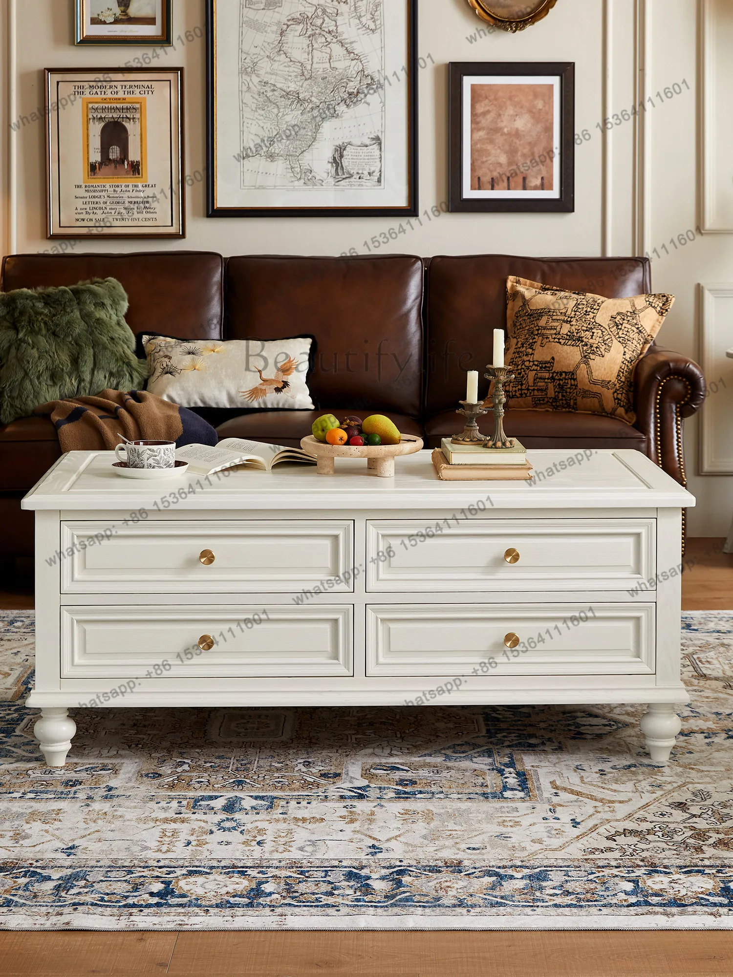 

American solid wood coffee table storage cabinet light luxury country retro home living room