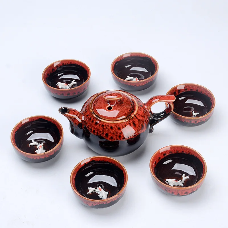 1 Pot 6 Cups Fish Play Tea Set Chinese Style Ceramic Kung Fu Tea Set Teapot Portable Tea Cups Of Tea Ceremony Teaware Sets Gifts