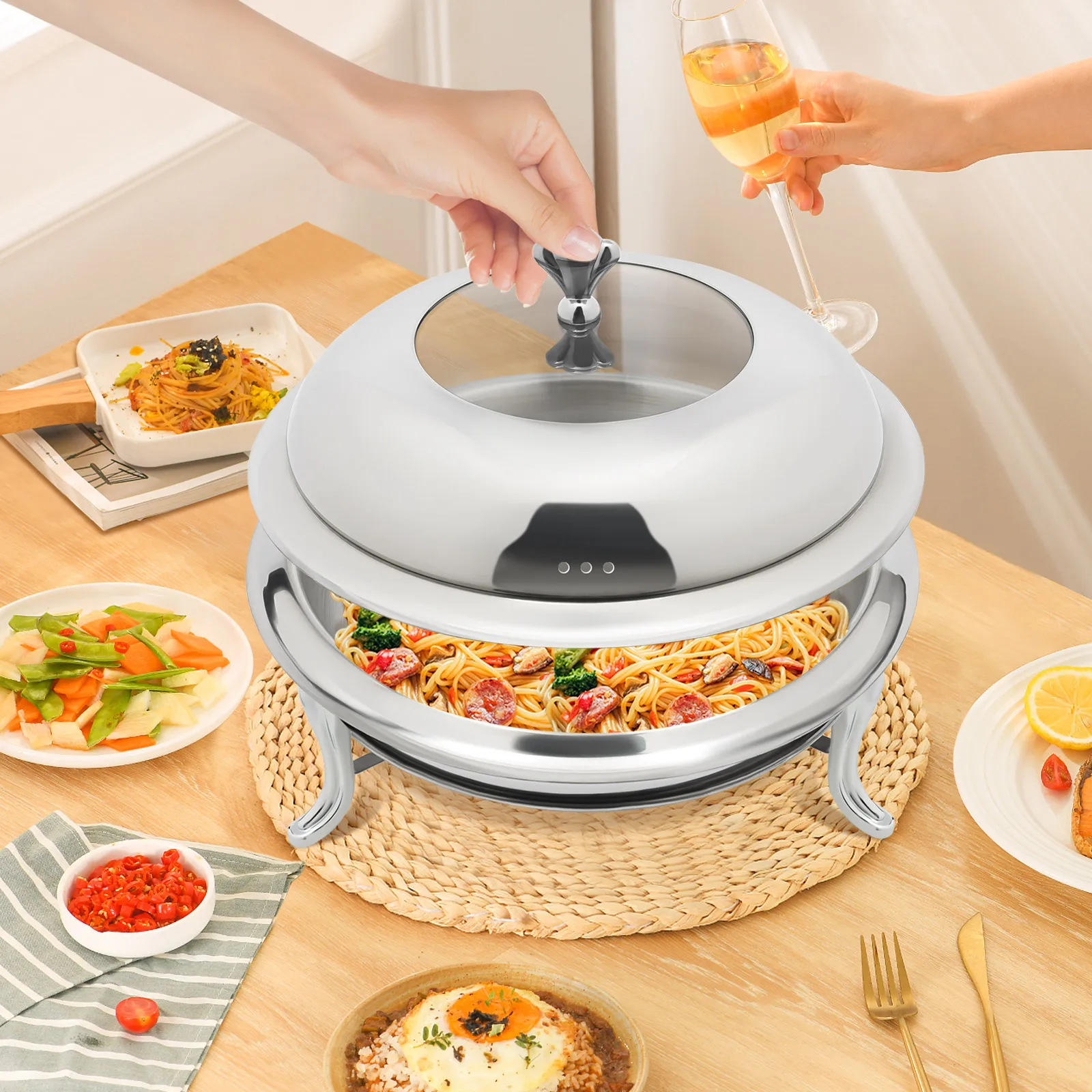 

Stainless Steel Hot Pot Buffet Stove Round Without Ear, Dry Warmer Chafing Dish Kitchen Set with Glass Viewing Lid (Silver 28cm)