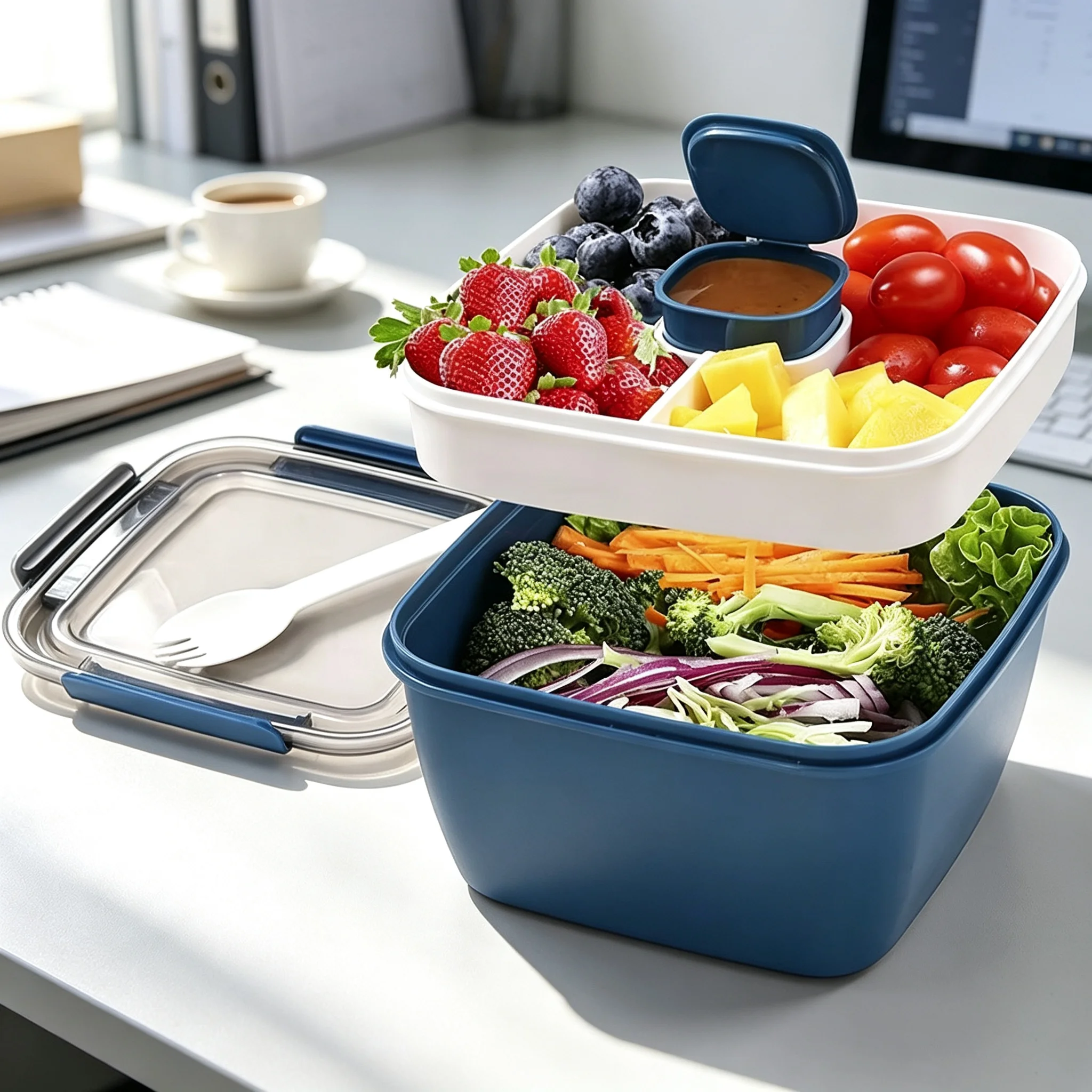 1100ml/1500ml Portable 2‑Layer Grid Bento Box Salad Bowl Leakproof Food Container Reusable Lunch Box For Picnic Food Storage