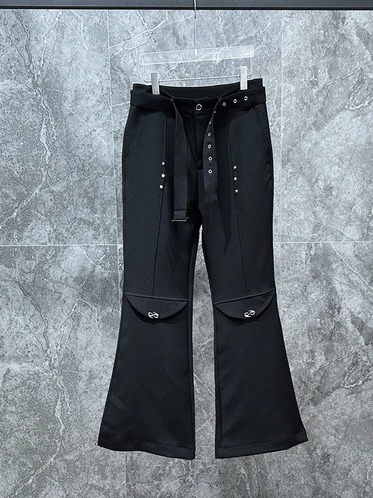 

Bla Micro Flared Suit Pants for Men Metal Belt Design Korean Sle Straight Leg Trousers Trendy Casual Pants Loose Fit
