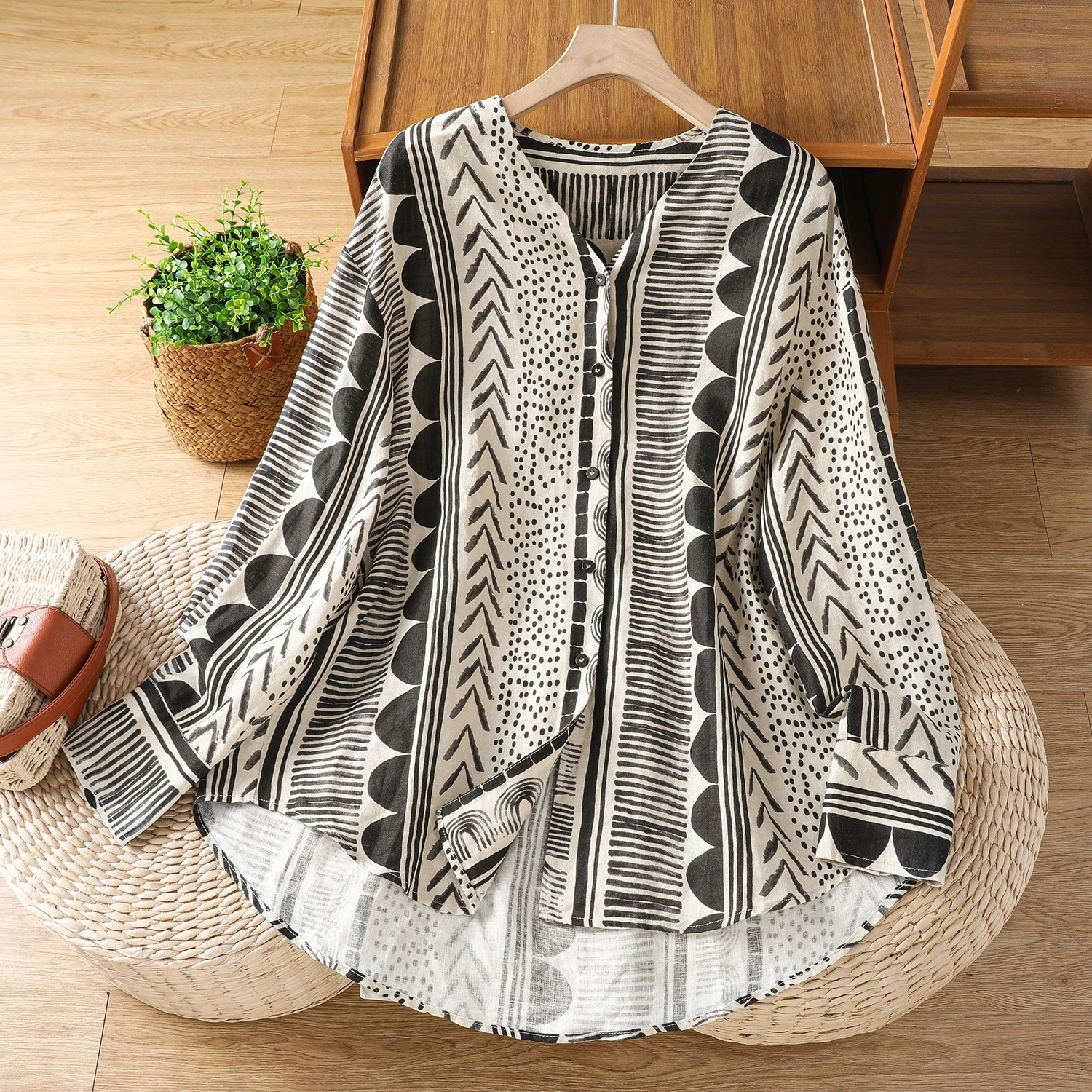 

Женский новый свободный утягивающий топ с принтом V-Ne Long Sve irt, открытый кардиган на одной пуговице из смеси хлопка