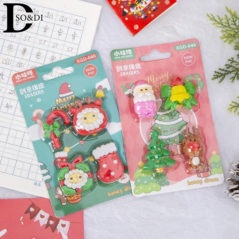 Random 1set Cute Cartoon Santa Claus Reindeer Erasers Kawaii Aesthetic Stationery Kids Eraser Set Student Reward Christmas Gifts