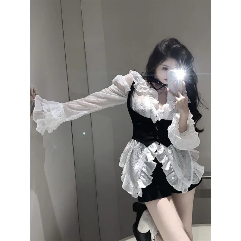 Slim Waist White Shirts Ruffles Women Y2k Elegant Long Sleeve Chemise Femme Black Camis Vest Skinny Sexy V Neck Camisas Sets