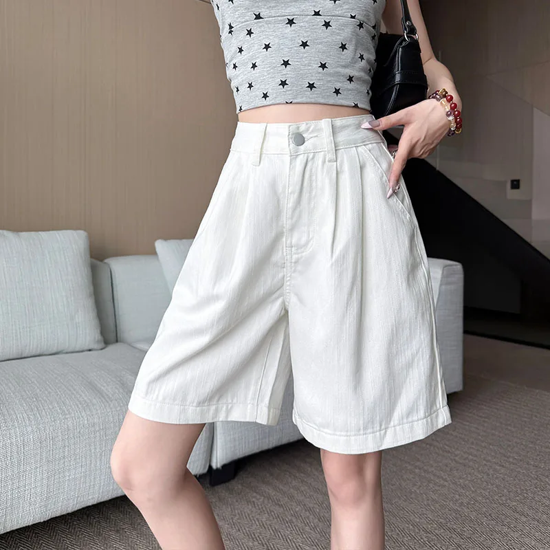 Y2K ريترو فضفاض عادية الأوسط جينس قصير صيف جديد المرأة الكورية الدنيم خمس نقاط السراويل السيدات موضة كل مباراة فضفاض الجينز