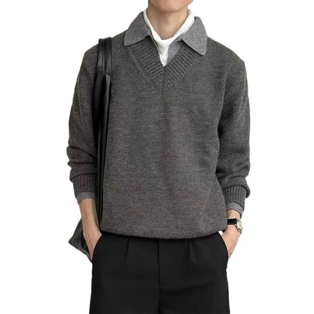 Men's Women Winter Vintage Fake Two Piece V Neck Sweater Lapel Style Knitting Top Outerwear