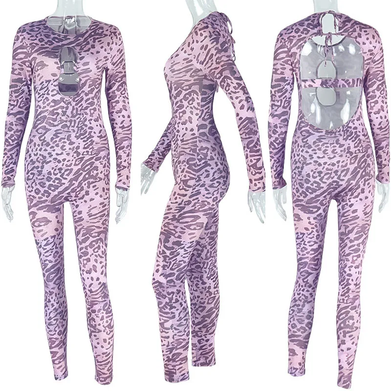 Bottone sexy scava fuori tuta leopardata da donna manica lunga skinny night club pagliaccetti e tute abiti da compleanno in un pezzo