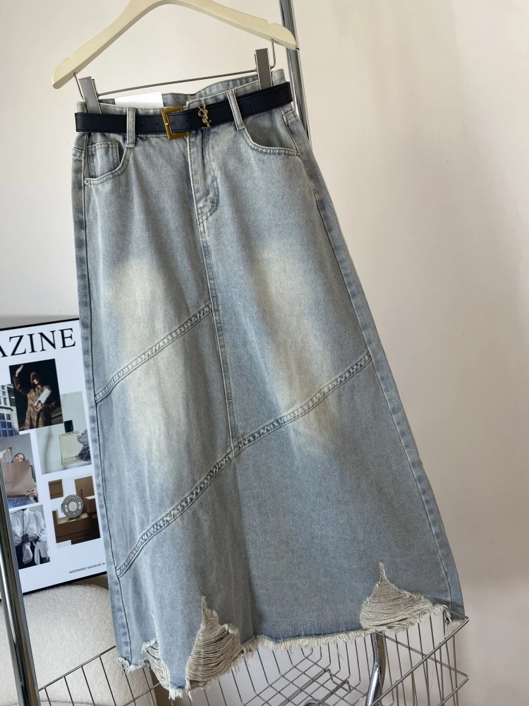 

Модная джинсовая юбка с высокой талией в стиле пэчворк, женская юбка с рваными элементами и дырками, длинная юбка А-силуэта в ретро-стиле для повседневной носки