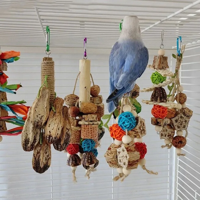 

10PCS Bird Swing Chewing Bite Toys Parrot Hammock Ball Bell Toys Parrot Cage Toy Bird Perch Wood Beads Bridge Hanging Parakeets