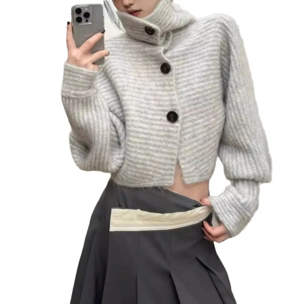 

Korean Style Women's High Collar Loose Short Knitwear Cardigan Elegant Retro Spring Autumn Top Jacket