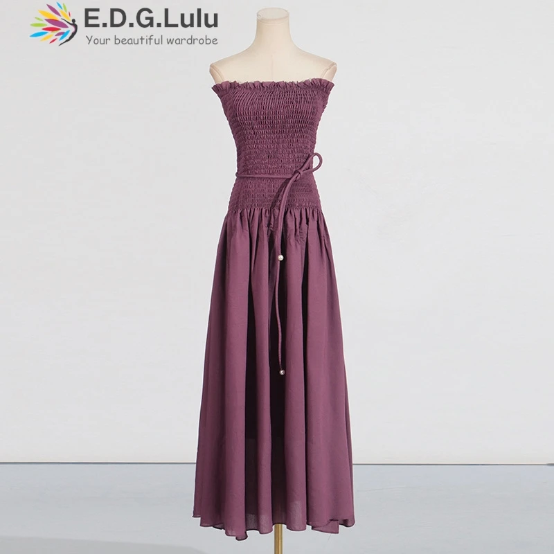 EDGLuLu Square Collar Sleeveless Green Pink Dresses 2025 Women Leisure Beach Backless High Waist Lace-Up Long Dress 0105