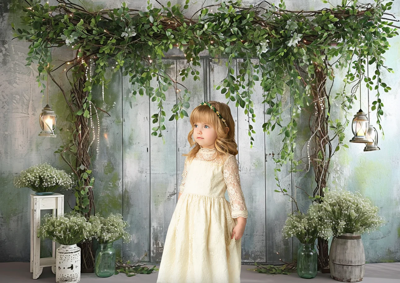 Spring Photography Backdrop Wooden Door Greenery Silver White Wedding Decoration Baby Birthday Portrait Background Photo Studio