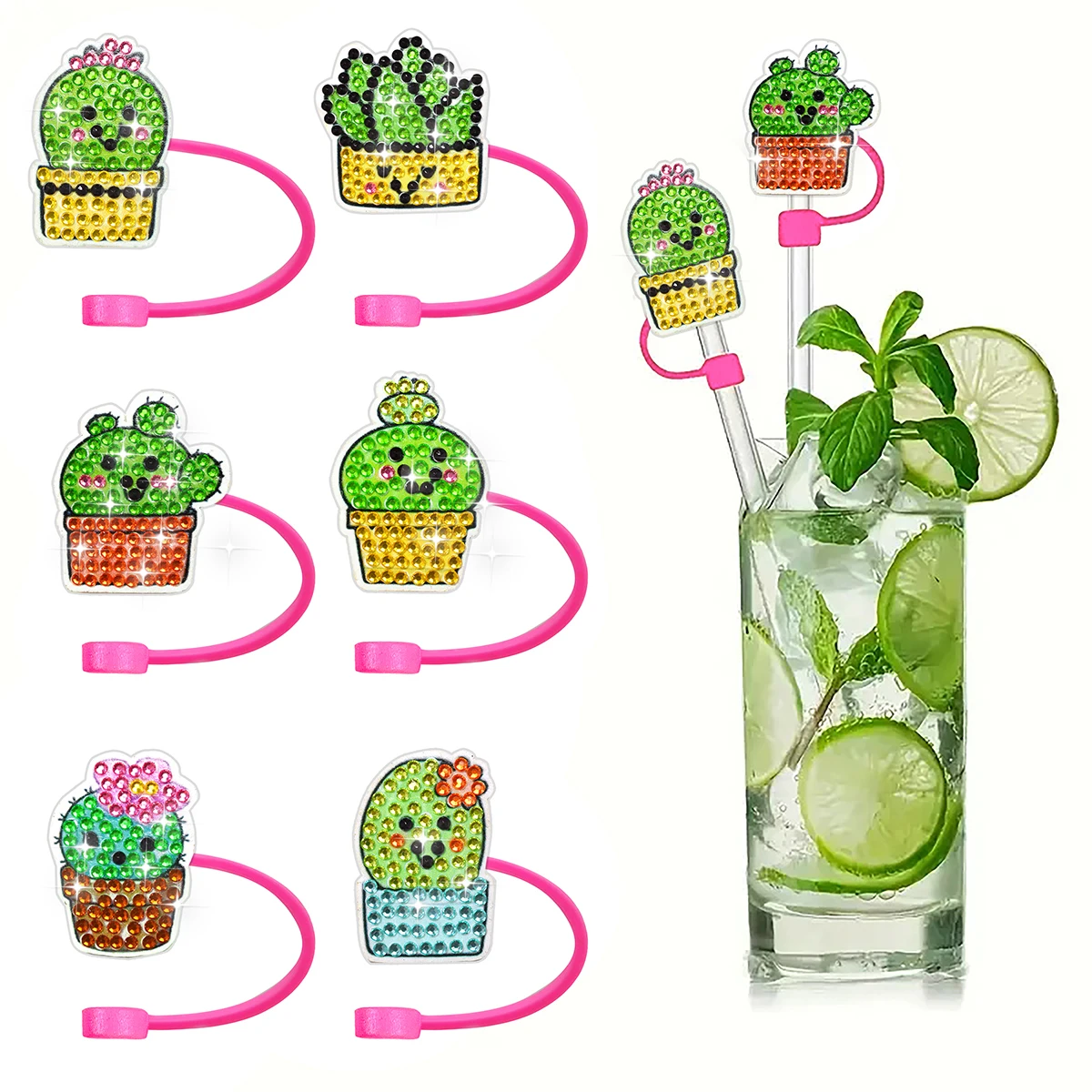 6PCS DIY Diamond Art Straw Cover Cap Cup Accessories Cute Cactus Panda Straw Toppers for Tumblers Silicone Straw Covers for Stan