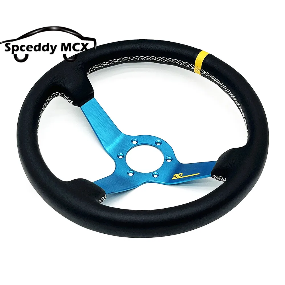 14inch/350mm For Sp Style Real Leather Racing Sport Steering Wheel Deep Dish  Black Blue