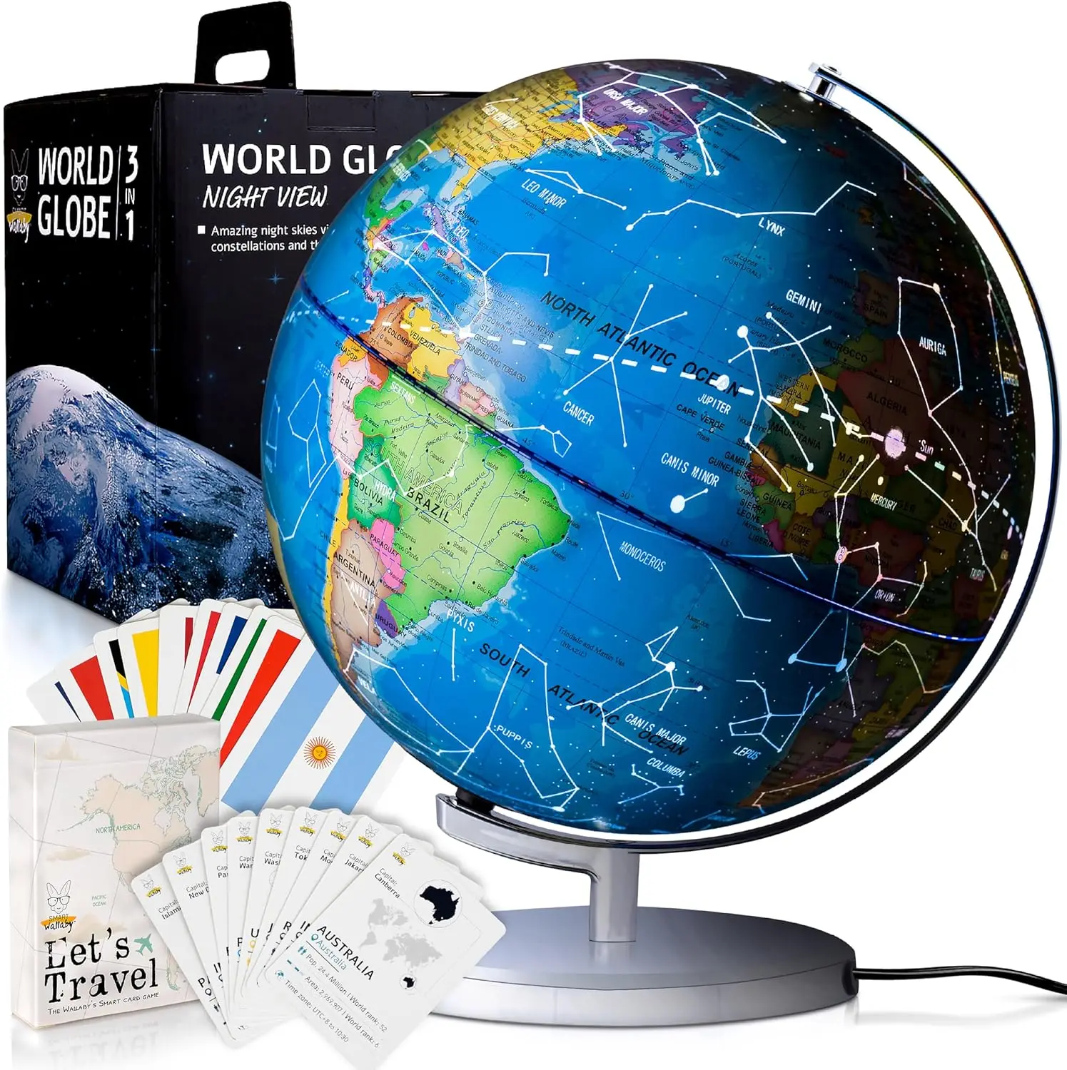 Globo Terráqueo LED Interactivo con Mapa de Constelaciones y Juego de Cartas de Geografía para Niños, Aprendizaje Educativo STEM
