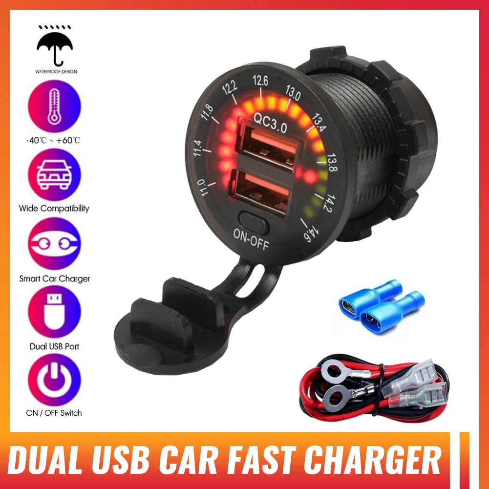 36W Dual QC3.0 Car Socket Fast Charger 2 USB Port Voltmeter With Power Switch Car Socket Charger 12V/24V Motorcycle Car Charger