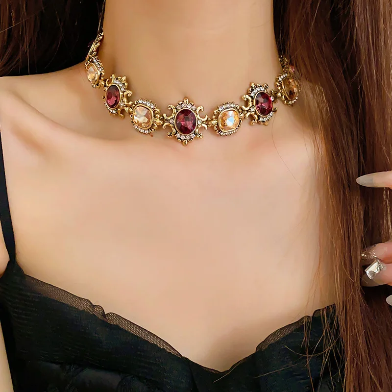 FYUAN Vintage Baroque Style Necklace Earrings For Women Brown Crystal Earrings Banquet Weddings Jewelry Sets