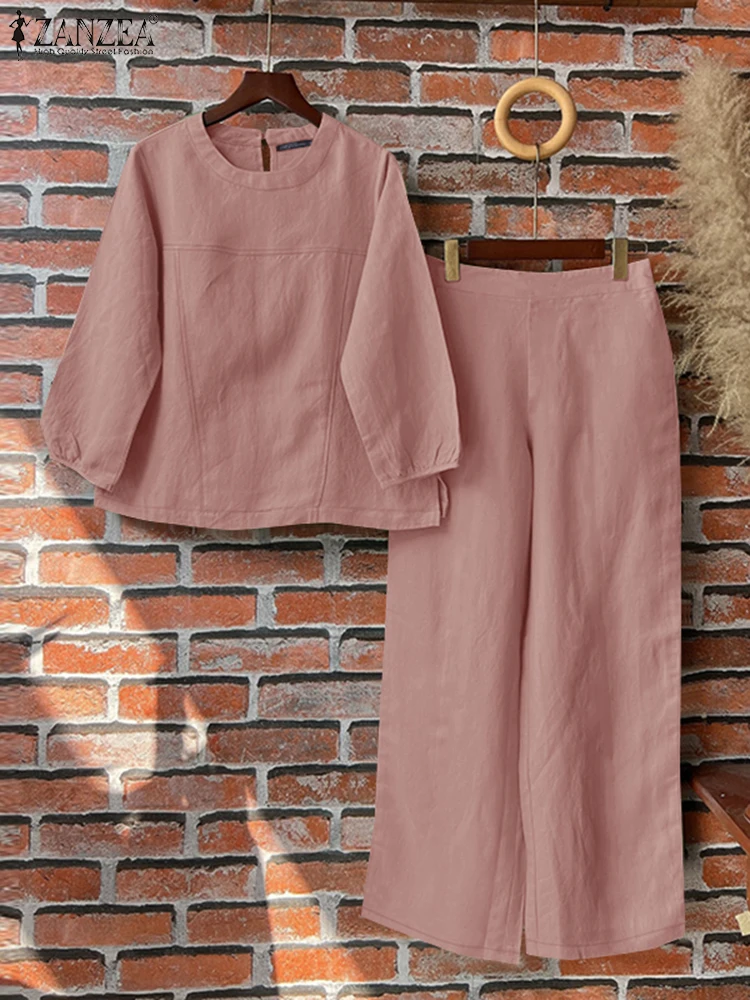 2024 ZANZEA Vintage Suit Summer Women Tracksuits Autumn O Neck 3/4 Sleeve Blouse Pant Sets 2PCS Casual Solid Outfits Oversize