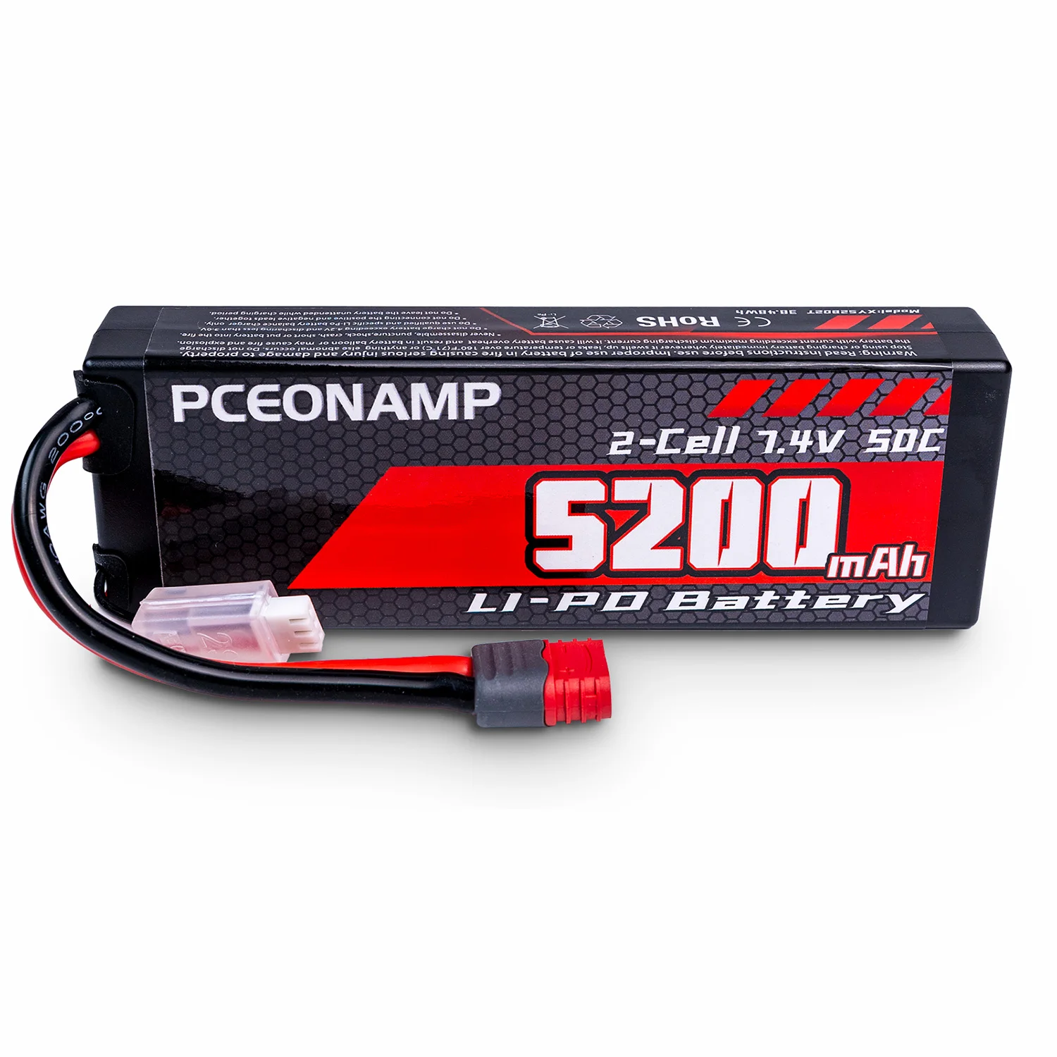 PCEONAMP 2S Lipo Battery 7.4V 50C 5200mAh with T Plug Rechargeable High Capacity RC Cars Battery Hard Case Fit for RC Car Trucks 1/8 1/10 High Speed RC Cars