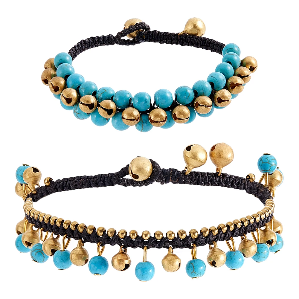 2 Styles Anklets Bracelet Turquoise Bead Anklet Golden Jingling Bell Bracelets Anklets Beaded Chain Bracelet for Boho Summer