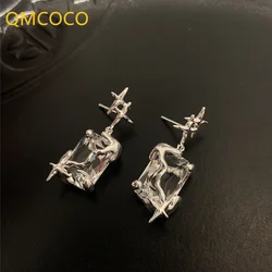 QMCOCO Irregular Silver Color Square Zircon Earrings For Women Girl Luxury New INS Fashion Vintage Ear Jewelry Party Gifts