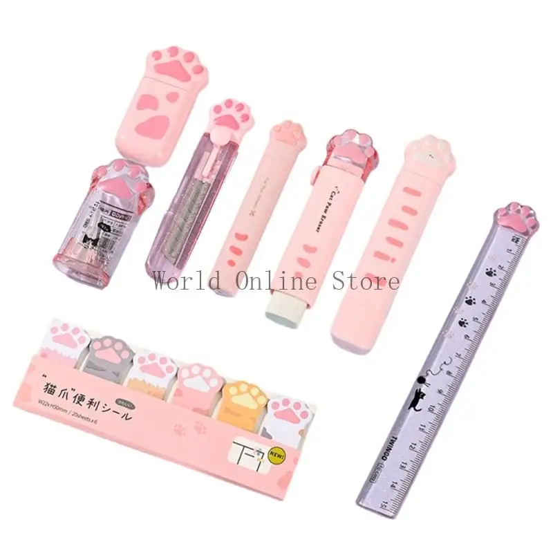 9 PCS School Stationery Set Cats Paws Case Case Sticky Notes Sharpener Eraser Class Class Guys School Schools 87HC