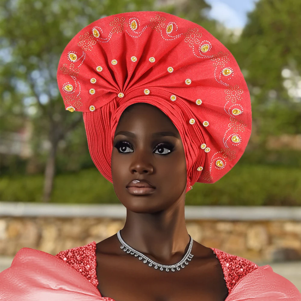 

Auto Gele African Headtie Aso Oke Headties Nigerian Wedding Geles Ready Wear Turban Head Wraps Diamonds Turban Women Bonnet Hat