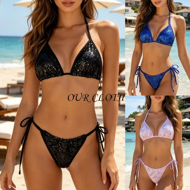 2 Piece Sequins Set With Adjustable Halterneck Cups And Triangular Briefs Y1AC