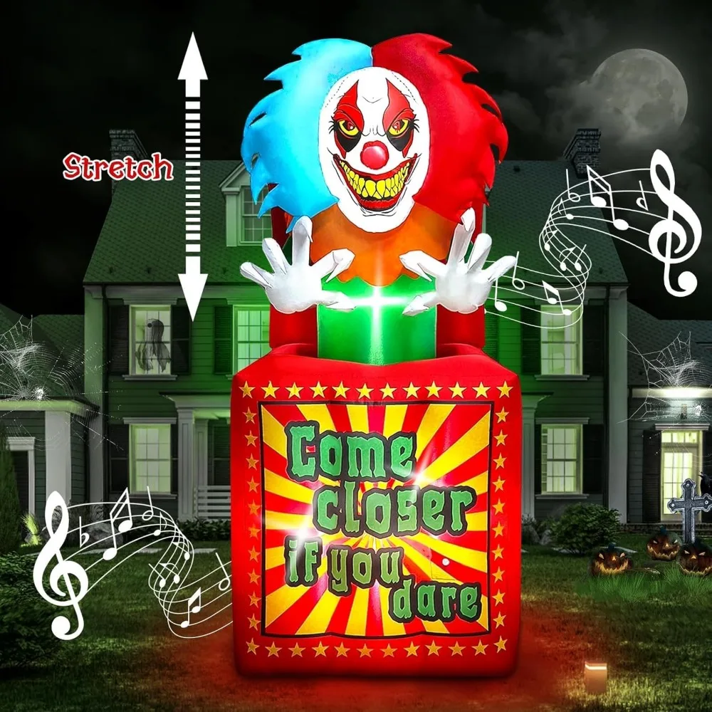 مهرج الرسوم المتحركة للهالوين قابل للنفخ مع الموسيقى، صندوق مهرج السيرك كالولاري ديكور خارجي، ساحة نفخ مع مكبر صوت مدمج