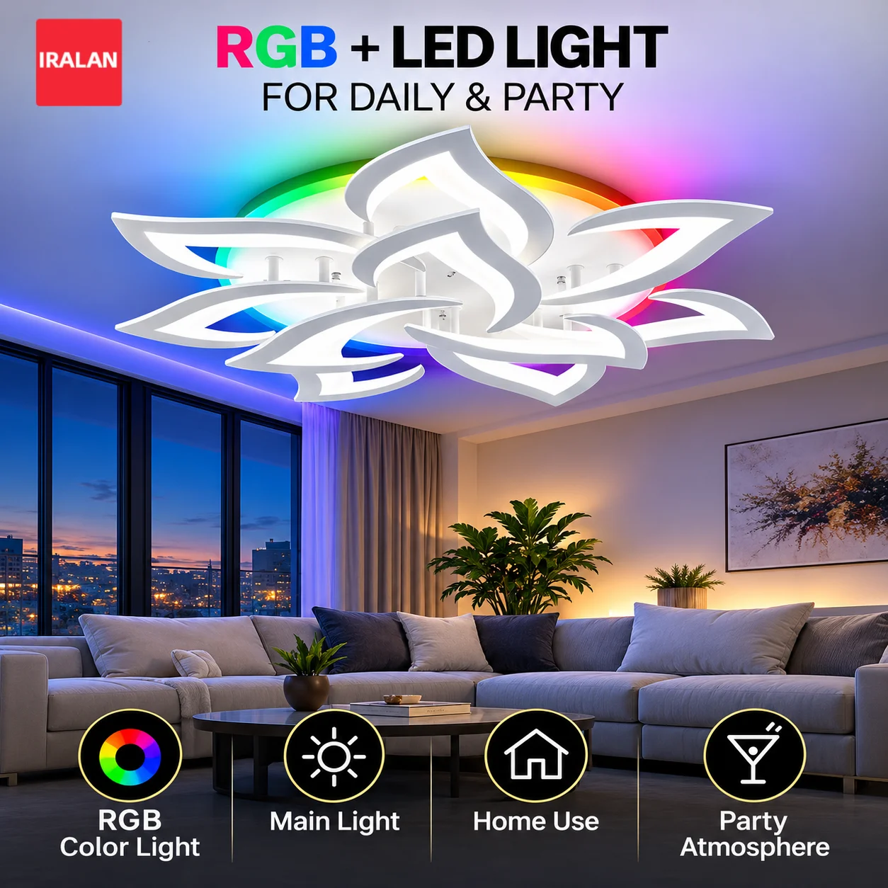 IRALAN Modern Acrylic Petal Ceiling Lamp RGB Colorful Backlight LED Flush Mount Chandelier Remote Control Home Indoor Lighting