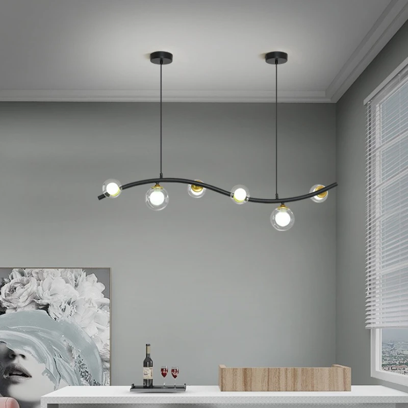 

Nordic Simple Modern Iron for Restaurant Bar Clothing Store Long Straight Rod Magic Bean Black Glass Ball Lamp LED Chandelier