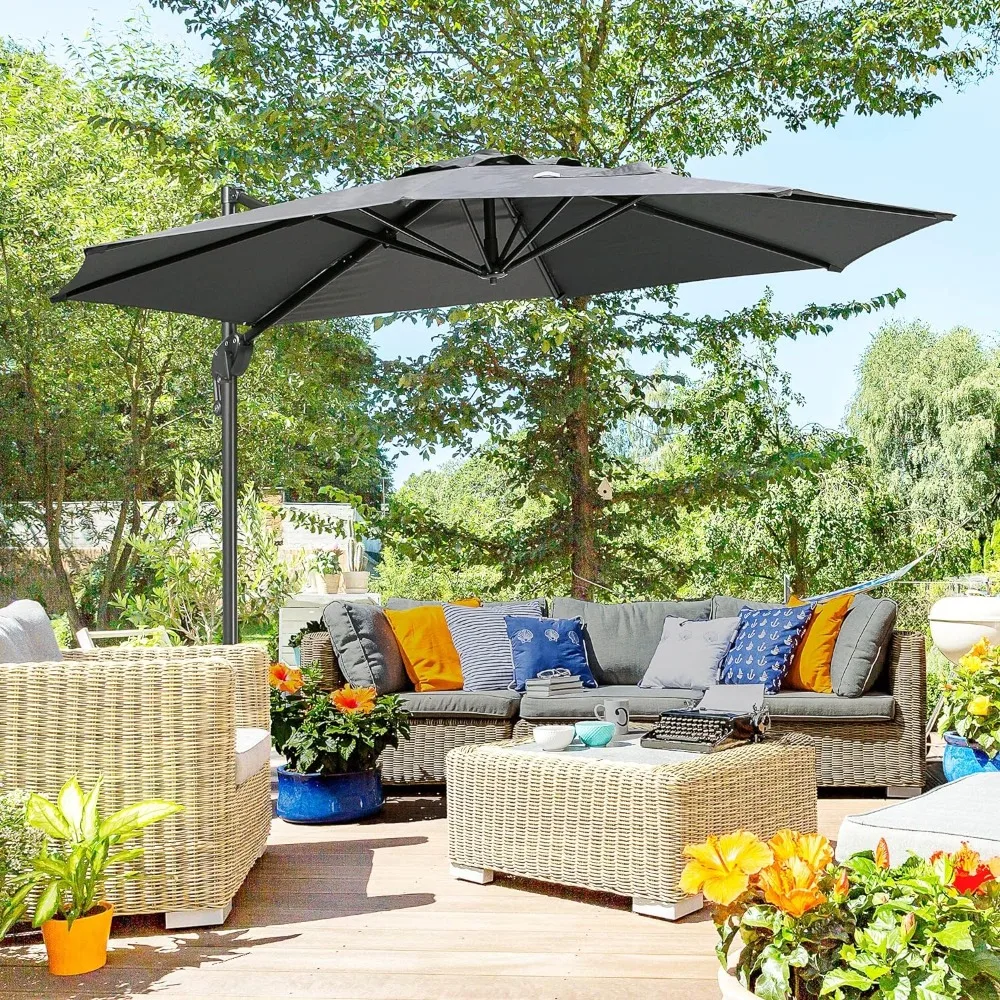 Outsunny 10ft Offset Patio Umbrella with Base, Hanging Aluminum and Steel Cantilever Umbrella with 360° Rotation, Easy Tilt