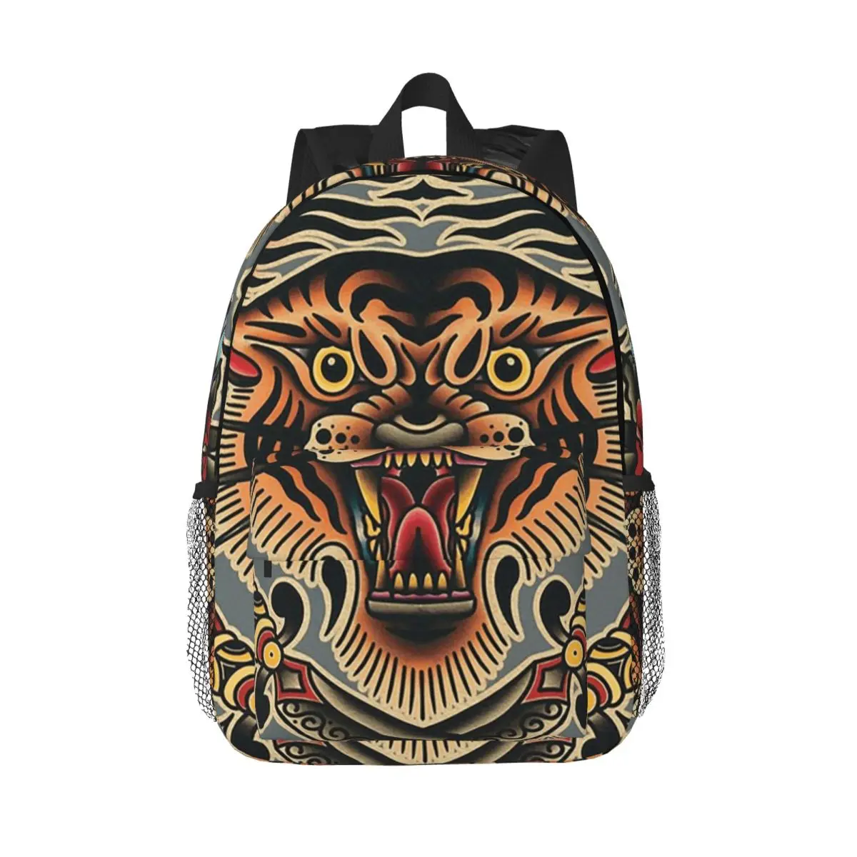 Traditional Tattoo Cartoon Tiger Backpack Daypack Large Capacity Boys Girls BookBag Shoulder Bags for Unisex Children School Bag