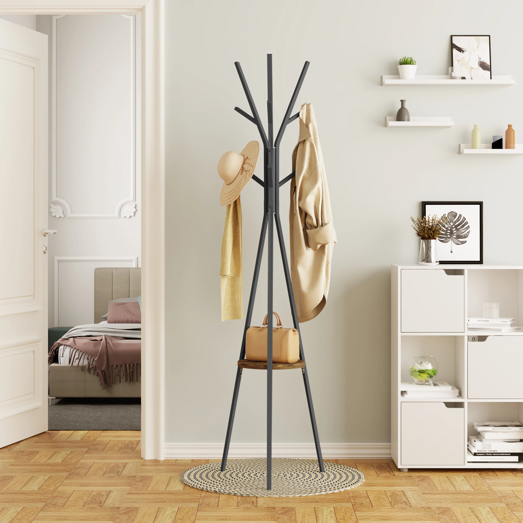 Free Standing Hat Clothing Display Stand Coat Rack Tree Shape with 9 Hooks 1 Shelf for Clothes Hats Bags for Living Room