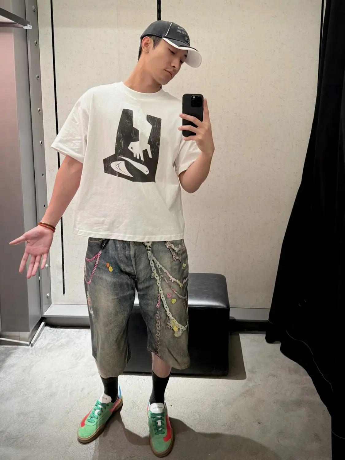 Men's Chain Printing Pattern Cropped Pants Summer Cool Boys Shorts Wide Leg Casual Bottom Male High Waist Half Trousers