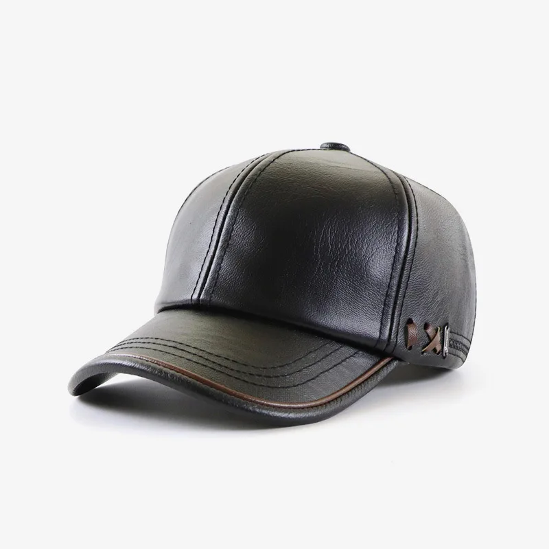 Fashion solid winter leather baseball cap; men's zipper style; autumn warmth; black hat; women's; bone color; men's hat sun hat