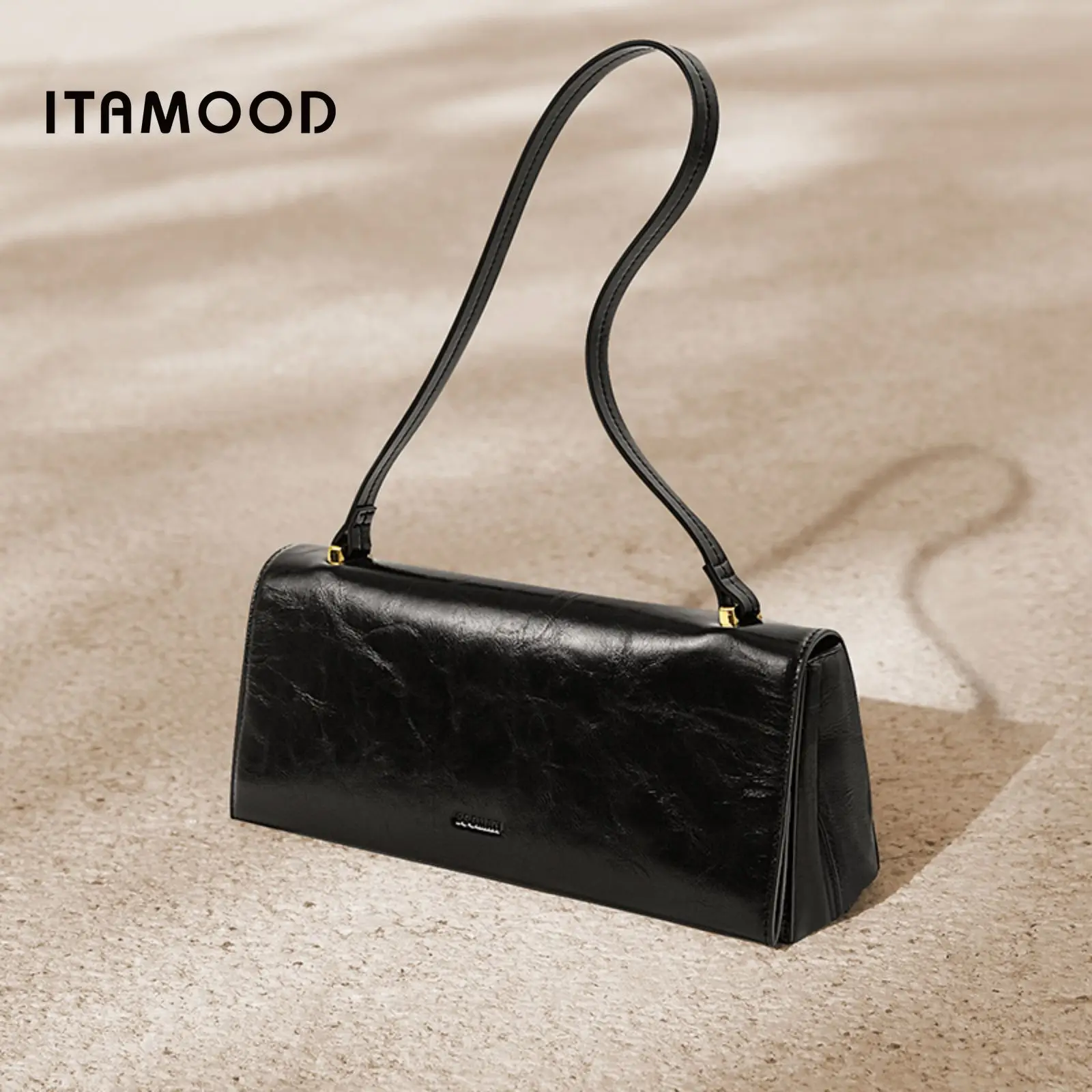 

ITAMOOD Long Bowling Bag for Women Black Classic Vintage Cowhide Underarm Handbag Original Designer Brand Teacher's Day Gift