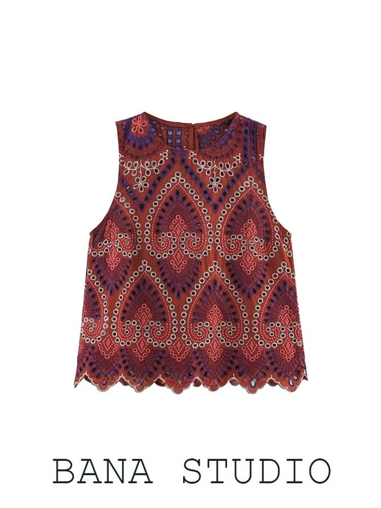 

BANA Red Hollow out Embroidered Short Sleeveless Women's Vest Ethnic Style Pure Cotton Breathable Summer Shirt Top