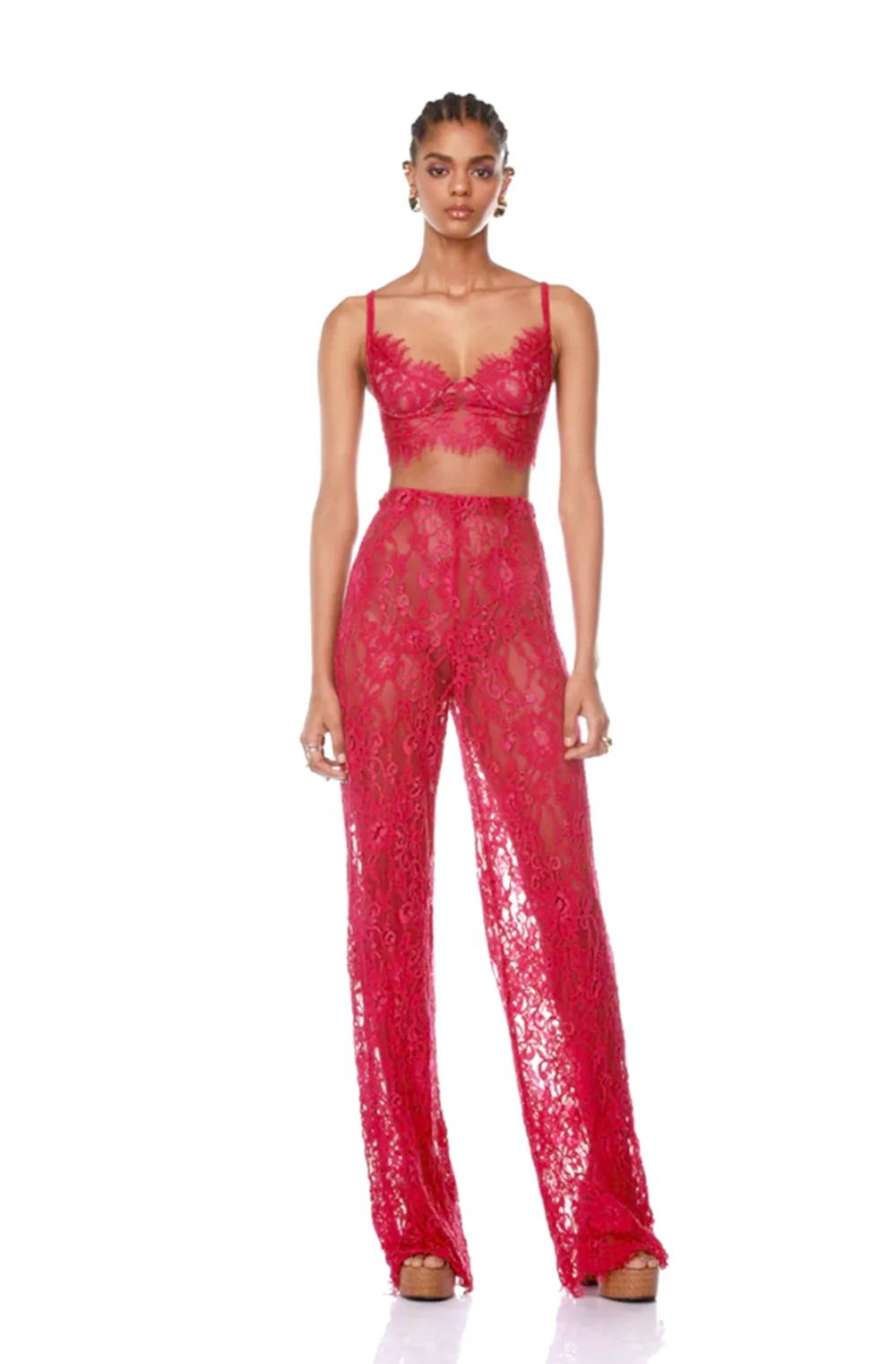 Europe And The United States Hot New Rose Red Strap With Lace Mesh See-Through Pants