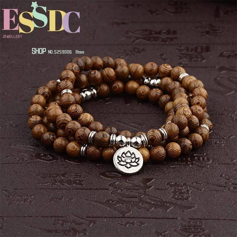 Hot Sale 108 Natural Wood Beads Bracelet Lotus 3D Buddha Pendant Yoga  Healing Meditation Prayer Hand String Dropsship