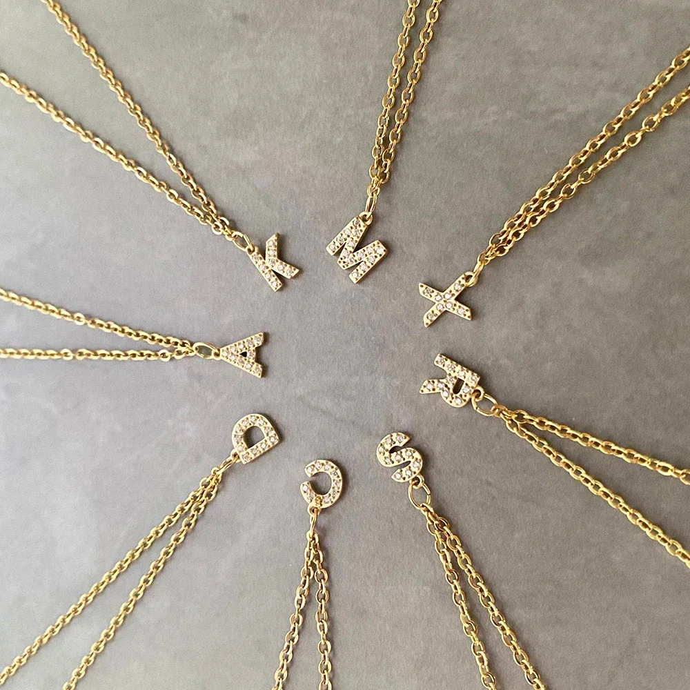 women Stainless Steel Inlay zircon Initial Necklace golden A-Z Letter charms Pendant Alphabet Necklace jewelry