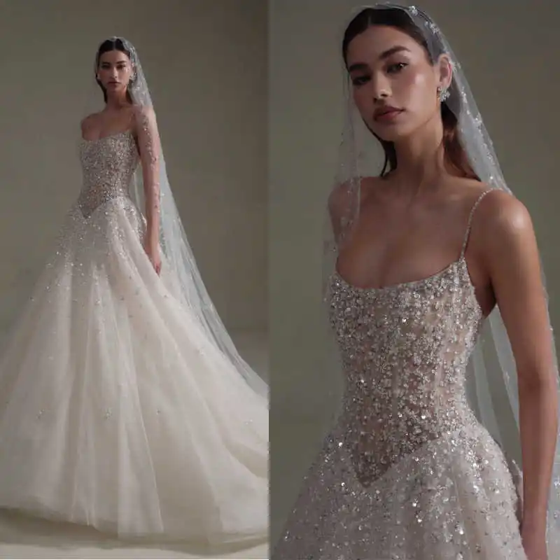 Bezaubernde Meerjungfrau-Hochzeitskleider, Spaghettiträger, Perlen, Pailletten, Brautkleid, exquisites bodenlanges Brautkleid, individuell gestaltet