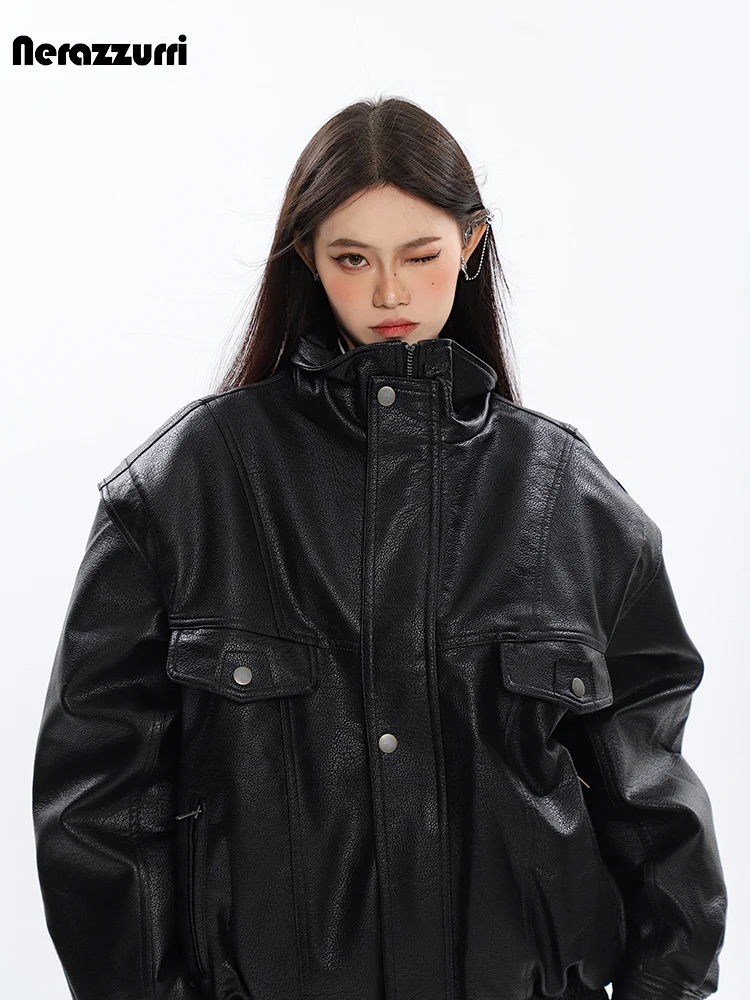 Nerazzurri Spring Autumn Oversized Cool Windproof Thick Black Pu Leather Jacket Women Zip Up Luxury Designer Unisex Clothes 2023