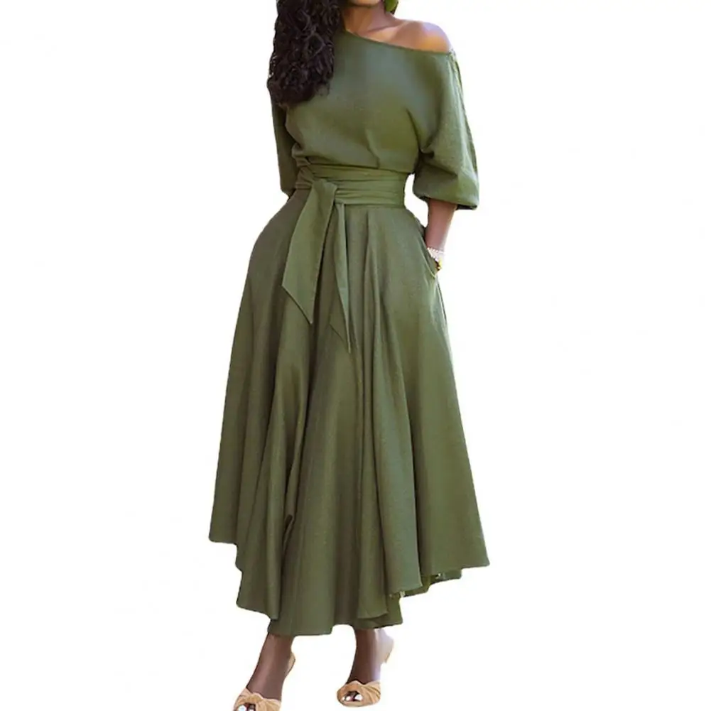 

Graceful Dress Streetwear Elegant Dress High Quality Fine Workmanship Solid Color Tie Waist Belt Dress