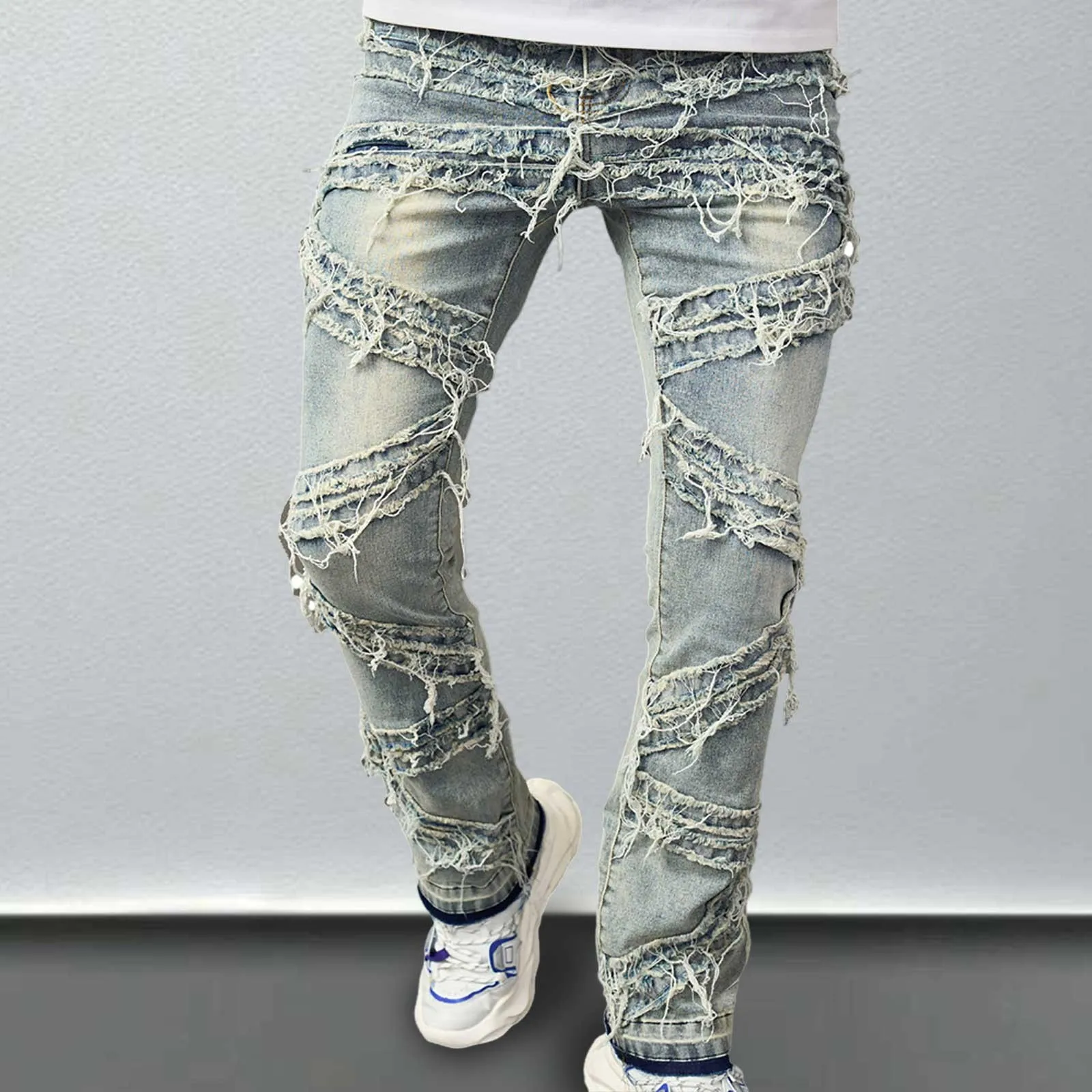 

Ripped Men's Jeans Stretchy Denim Streetwear Tearing Patchwork Holes Ripped Denim Loose Casual Pants Slim Fit Straight Trousers