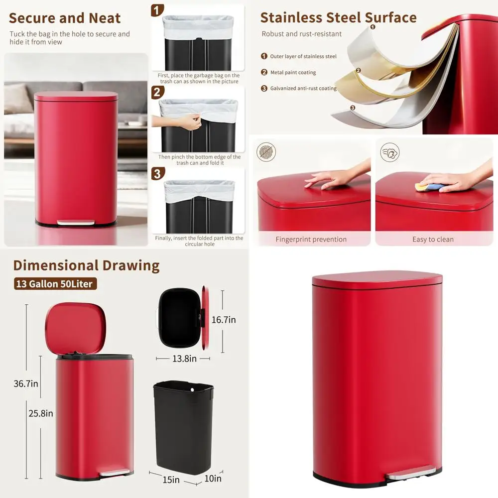 

Red 13 Gallon Stainless Steel Trash Can with Removable Bucket, Foot Pedal, and Soft Close for Home Kitchen Use