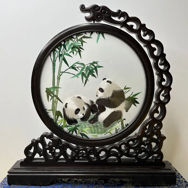 Panda table screen double-sided embroidery table Suzhou embroidery finished products go abroad business gifts to foreign guests