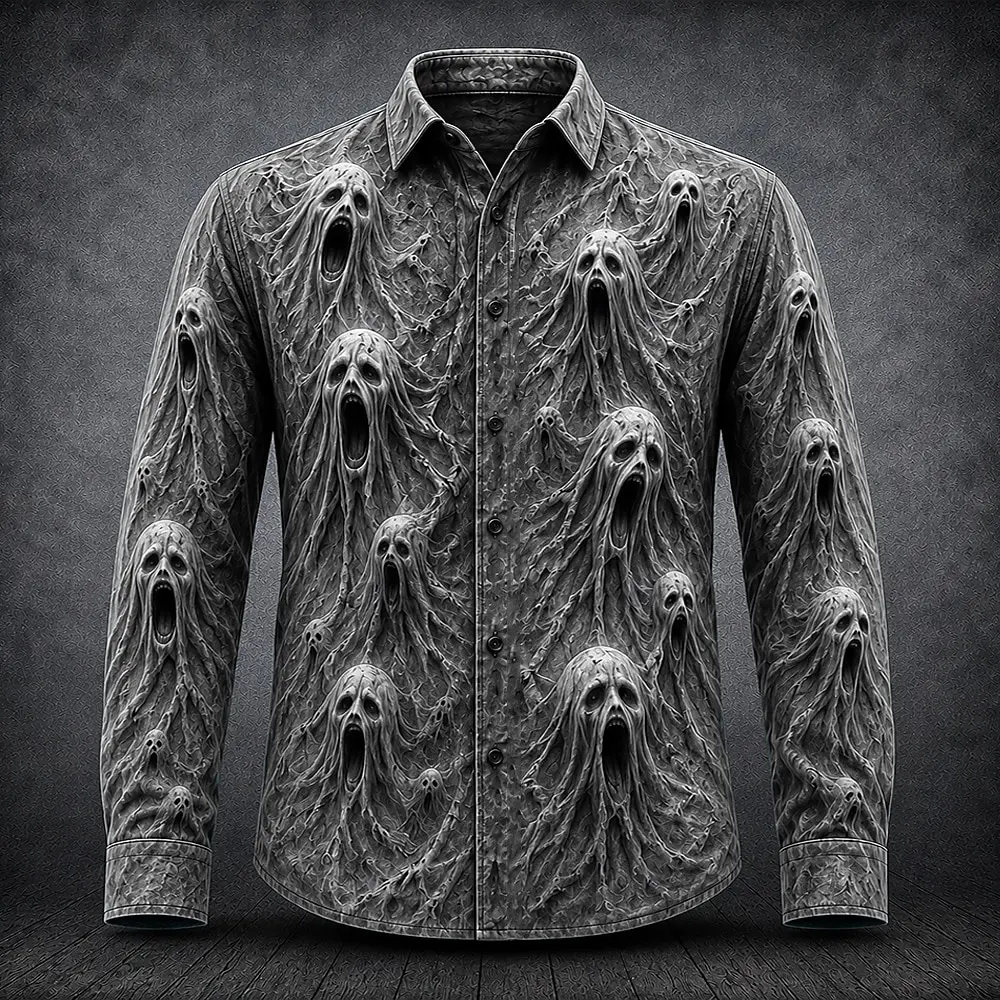 Men Gothic Horror 3D Print Long Sleeve Shirt Screaming Ghost Pattern Lapel Button Shirt Halloween Party Unisex Top